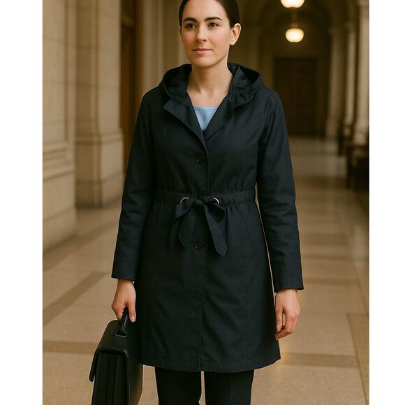 Elizabeth McKay Navy Trench Coat with Tie Waist & Detachable Ruffle Collar-Sz 8 - Picture 1 of 11